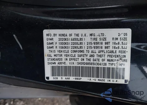 2005 Honda Cr-V Lx z USA, uszkodzony, nr VIN SHSRD68565U304126